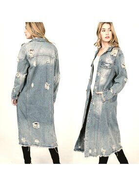Highway Jeans Long Denim Distressed Duster Jean Jacket Coat Pockets XL Holes